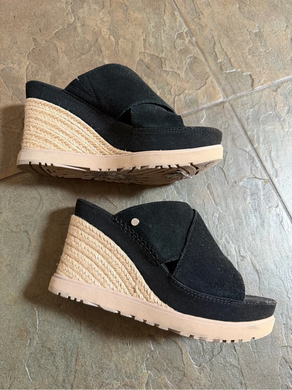 UGG Black Suede Braided Espadrille Wedge Sandals